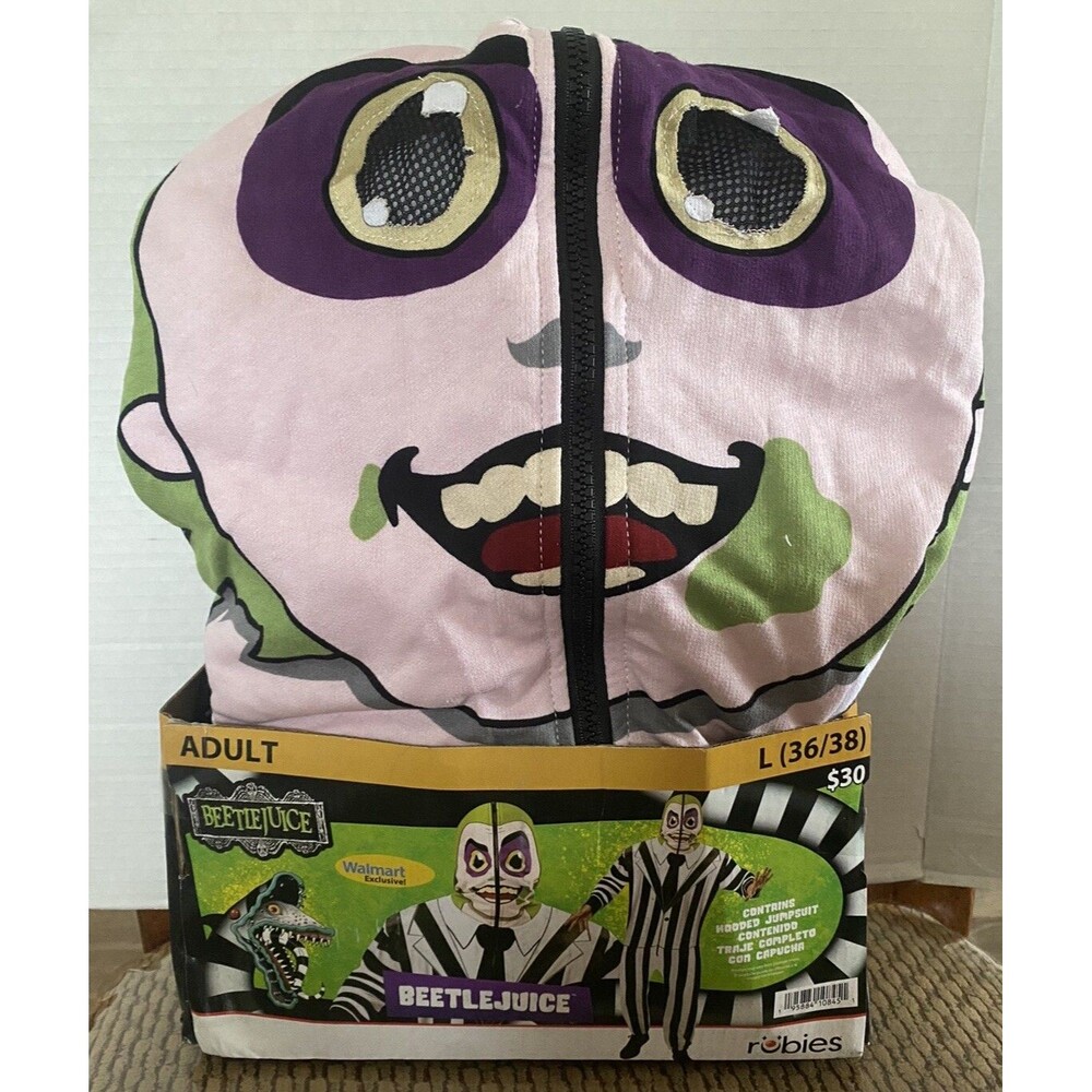 NEW Beetlejuice Halloween Costume Cosplay Hooded Jumpsuit Adult Sz LARGE 36/38 - Picture 2 of 6
